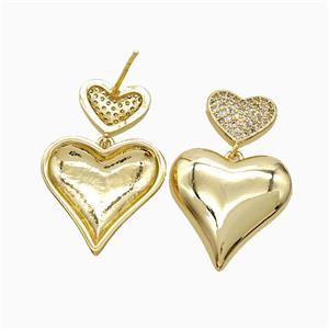 Copper Heart Stud Earrings Pave Zirconia 18K Gold Plated, approx 11mm, 18mm [FN52429]