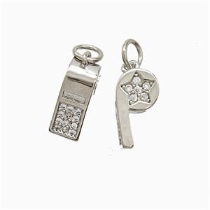 Copper Whistle Pendant Pave Zirconia Star Platinum Plated, approx 7-12mm [FN52555]