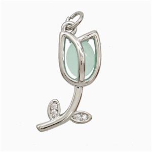 Copper Tulip Pendant Pave Jade Flower Platinum Plated, approx 9-21mm [FN52582]