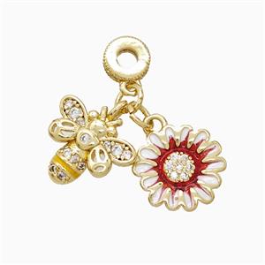 Honeybee And Flower Copper Pendant Pave Zirconia Enamel Gold Plated, approx 13-14mm, 7mm dia [FN52629]