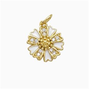 Copper Flower Pendant Pave Zirconia White Enamel Gold Plated, approx 12mm [FN52670]