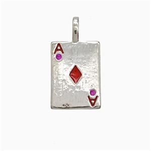 Playing Card Charms Copper ACE Diamonds Pendant Pave Zirconia Red Enamel Platinum Plated, approx 10-14mm [FN52676]