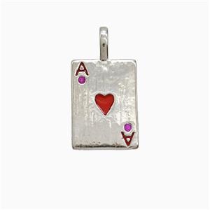 Playing Card Charms Copper ACE Heart Pendant Pave Zirconia Red Enamel Platinum Plated, approx 10-14mm [FN52678]