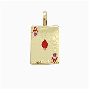 Playing Card Charms Copper ACE Diamonds Pendant Pave Zirconia Red Enamel Gold Plated, approx 10-14mm [FN52680]
