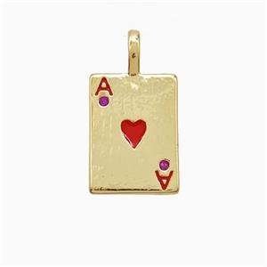 Playing Card Charms Copper ACE Heart Pendant Pave Zirconia Red Enamel Gold Plated, approx 10-14mm [FN52682]
