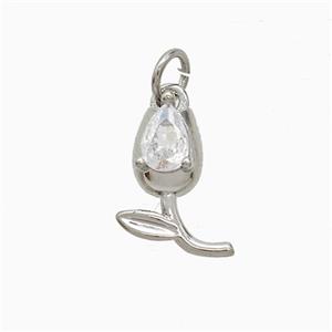 Copper Tulip Pendant Pave Zirconia Flower Platinum Plated, approx 7-15mm [FN52793]