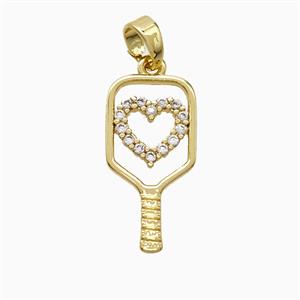 Pickleball Paddle Copper Pendant Pave Zirconia Heart Sports Gold Plated, approx 10-20mm [FN52974]