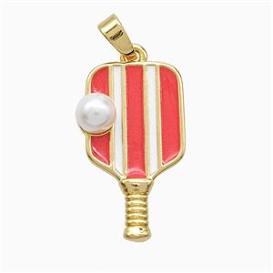 Copper Pickleball Paddle Pendant Pave Resin Red Enamel Sports Gold Plated, approx 13-22mm [FN52999]