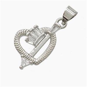 Copper Cupid Arrow Heart Pendant Pave Zirconia Platinum Plated, approx 13-18mm [FN53052]
