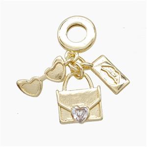Copper Glasses And Handbag Lips Pendant Pave Zirconia Gold Plated, approx 5-12mm, 10mm dia [FN53272]