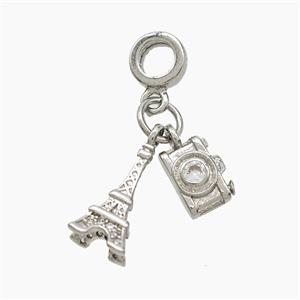 Copper Eiffel Tower And Camera Pendant Pave Zirconia Platinum Plated, approx 6-14mm, 10mm dia [FN53308]