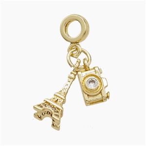 Copper Eiffel Tower And Camera Pendant Pave Zirconia Gold Plated, approx 6-14mm, 10mm dia [FN53309]