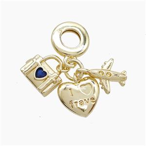 Copper Heart And Airplane Lock Pendant Pave Crystal Glass Gold Plated, approx 10mm, 10mm dia [FN53313]
