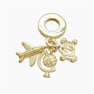 Copper Airplane And Blobe Suitcase Pendant Gold Plated, approx 8-12mm, 10mm dia [FN53315]