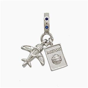 Copper Airplane And Passport Pendant Plave Zirconia Platinum Plated, approx 6-11mm, 8mm dia [FN53318]