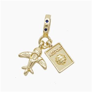 Copper Airplane And Passport Pendant Pave Zirconia Gold Plated, approx 6-11mm, 8mm dia [FN53319]