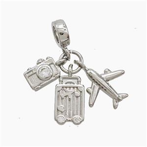 Copper Airplane And Suitcase Camera Pendant Pave Zirconia Platinum Plated, approx 7-12mm, 7mm dia [FN53320]