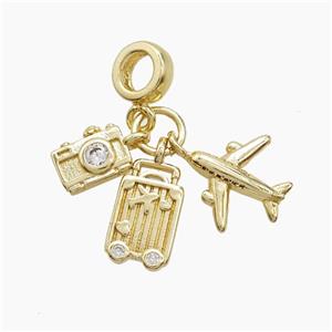 Copper Airplane And Suitcase Camera Pendant Pave Zirconia Gold Plated, approx 7-12mm, 7mm dia [FN53321]