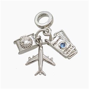 Copper Airplane And Passpord Camera Pendant Pave Zirconia Platinum Plated, approx 7-12mm, 7mm dia [FN53322]