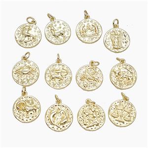 Copper Zodiac Pendant Pave Zirconia Hammered Gold Plated Mixed, approx 15mm [FN53349]