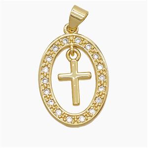 Copper Oval Pendant Pave Zirconia Cross 18K Gold Plated, approx 7-10mm, 15-20mm [FN53634]