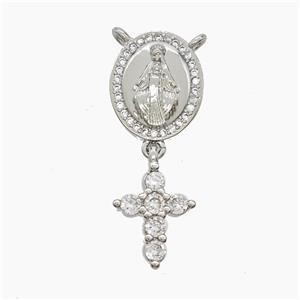 Copper Virgin Mary Pendant Pave Zirconia Cross 2loops Platinum Plated, approx 9-13mm, 11-13mm [FN53729]