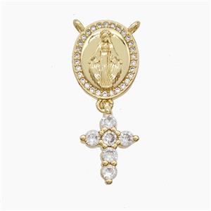 Copper Virgin Mary Pendant Pave Zirconia Cross 2loops 18K Gold Plated, approx 9-13mm, 11-13mm [FN53730]