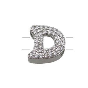 Copper Letter-D Beads Pave Zirconia 2holes Platinum Plated, approx 10-13mm [FN53734]