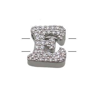Copper Letter-E Beads Pave Zirconia 2holes Platinum Plated, approx 10-13mm [FN53735]