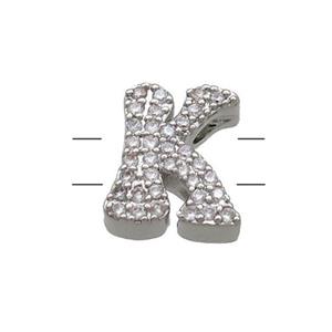 Copper Letter-K Beads Pave Zirconia 2holes Platinum Plated, approx 10-13mm [FN53741]