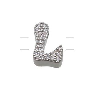 Copper Letter-L Beads Pave Zirconia 2holes Platinum Plated, approx 10-13mm [FN53742]