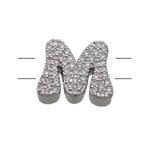 Copper Letter-M Beads Pave Zirconia 2holes Platinum Plated, approx 10-13mm [FN53743]