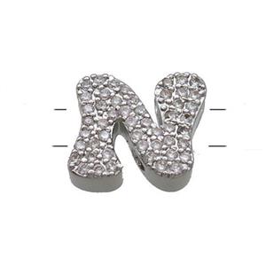 Copper Letter-N Beads Pave Zirconia 2holes Platinum Plated, approx 10-13mm [FN53744]