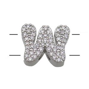 Copper Letter-W Beads Pave Zirconia 2holes Platinum Plated, approx 10-13mm [FN53753]