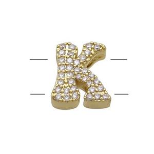 Copper Letter-K Beads Pave Zirconia 2holes Gold Plated, approx 10-13mm [FN53768]