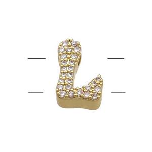 Copper Letter-L Beads Pave Zirconia 2holes Gold Plated, approx 10-13mm [FN53769]