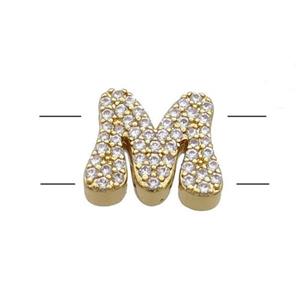 Copper Letter-M Beads Pave Zirconia 2holes Gold Plated, approx 10-13mm [FN53770]