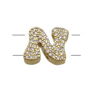 Copper Letter-N Beads Pave Zirconia 2holes Gold Plated, approx 10-13mm [FN53771]