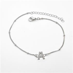 Copper Bracelet With Letter-A Pave Zirconia Platinum Plated, approx 6-9mm, 19-24cm length [FN54036]