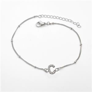 Copper Bracelet With Letter-C Pave Zirconia Platinum Plated, approx 6-9mm, 19-24cm length [FN54038]
