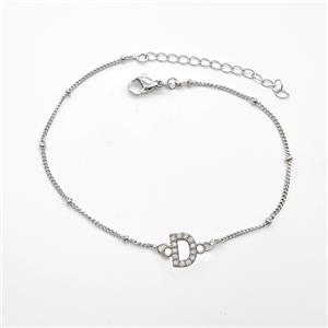 Copper Bracelet With Letter-D Pave Zirconia Platinum Plated, approx 6-9mm, 19-24cm length [FN54039]