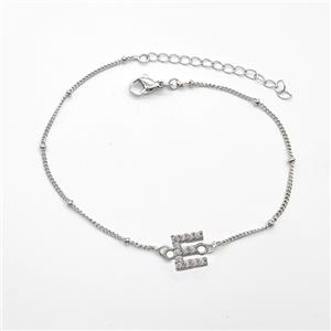 Copper Bracelet With Letter-E Pave Zirconia Platinum Plated, approx 6-9mm, 19-24cm length [FN54040]