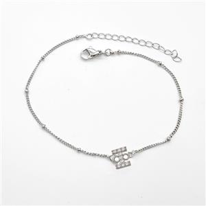 Copper Bracelet With Letter-I Pave Zirconia Platinum Plated, approx 6-9mm, 19-24cm length [FN54044]