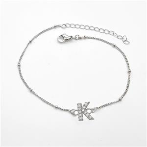 Copper Bracelet With Letter-K Pave Zirconia Platinum Plated, approx 6-9mm, 19-24cm length [FN54046]