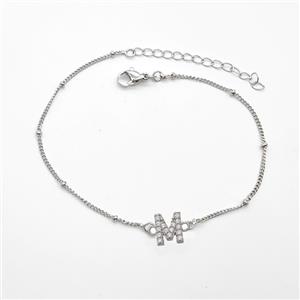 Copper Bracelet With Letter-M Pave Zirconia Platinum Plated, approx 6-9mm, 19-24cm length [FN54048]