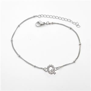 Copper Bracelet With Letter-Q Pave Zirconia Platinum Plated, approx 6-9mm, 19-24cm length [FN54052]