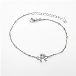 Copper Bracelet With Letter-R Pave Zirconia Platinum Plated, approx 6-9mm, 19-24cm length [FN54053]