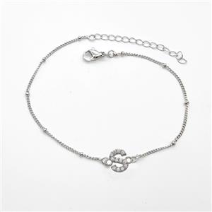 Copper Bracelet With Letter-S Pave Zirconia Platinum Plated, approx 6-9mm, 19-24cm length [FN54054]