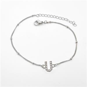 Copper Bracelet With Letter-U Pave Zirconia Platinum Plated, approx 6-9mm, 19-24cm length [FN54056]