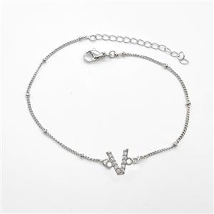 Copper Bracelet With Letter-V Pave Zirconia Platinum Plated, approx 6-9mm, 19-24cm length [FN54057]